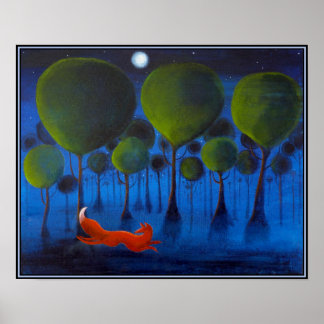 Poster Renard rouge avec des arbres dans la nuit.