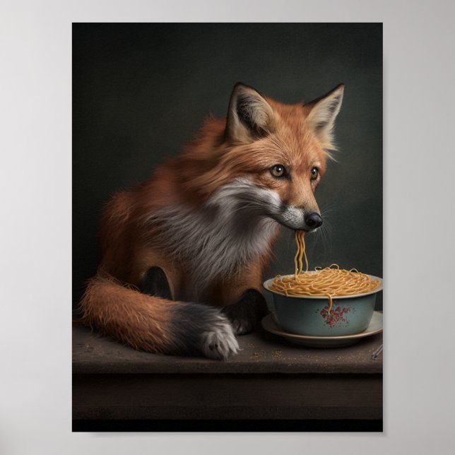 Poster Renard rouge mangeant un bol de Spaghetti (Devant)