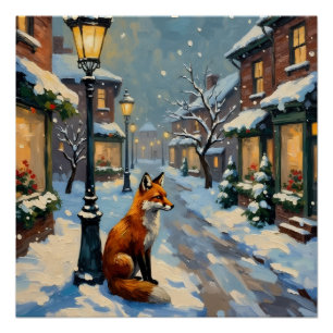 Poster Renard vintage sous lampe à gaz dans un Noël ennei