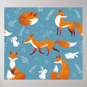 Poster Renards d'hiver, lapins, motif vintage.