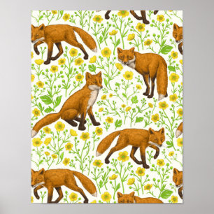 Poster Renards et papillons sur le blanc naturel