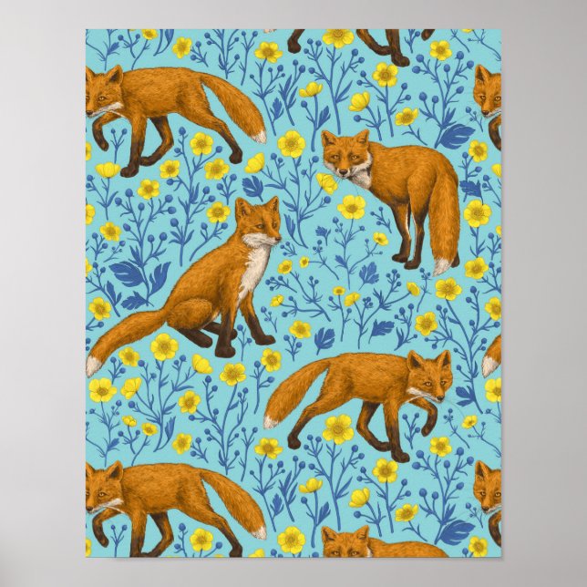Poster Renards et papillons sur le bleu de la piscine (Devant)