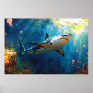 Poster Requin sous l'eau entouré de méduses