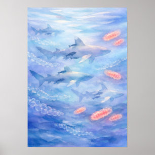 Poster Requins Océaniques à Pointes Blanches Art Aquarell