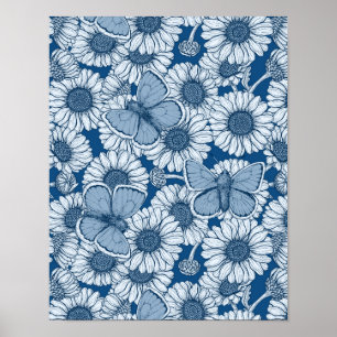 Poster Ressort bleu, fleurs sauvages, marguerites