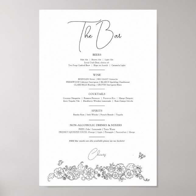 Poster Ressorts fleuris art mariage boissons menu bar (Devant)