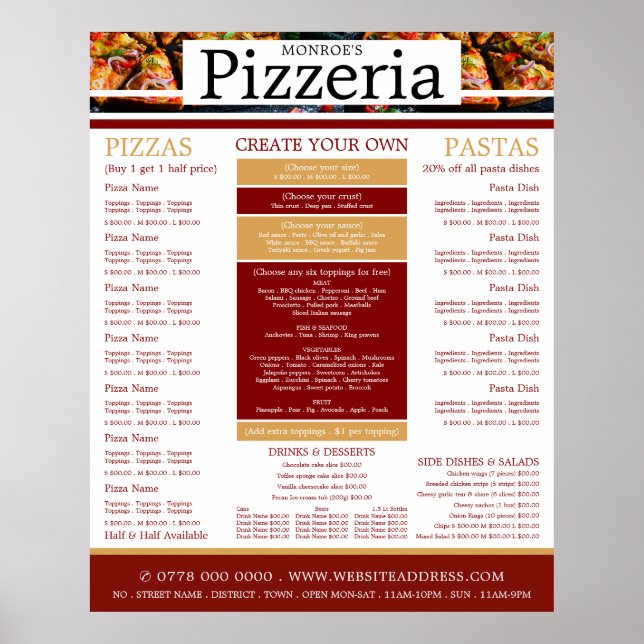 Poster Restaurant Pizza, Menu Pizzeria (Devant)