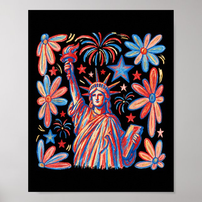 Poster Retro 4 Juillet Statue De Liberty America Fille Fe (Devant)