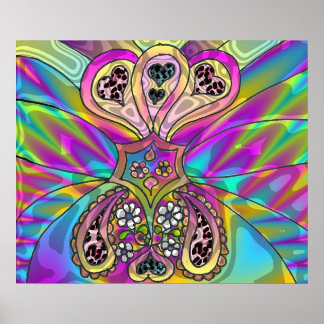 Poster Retro 60s Coeurs psychédéliques Fleurs Imprimer Po (Devant)