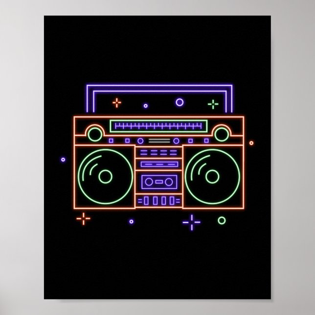 Poster Retro 80s 90s Neon Radio Ghettoblaster Boombox (Devant)