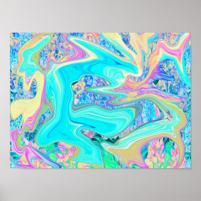 Poster Retro Aqua Blue Liquid Art sur les Hydrangeas Abst (Devant)