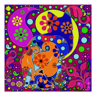 Poster Rétro art de bruit hippie de chat de flower power