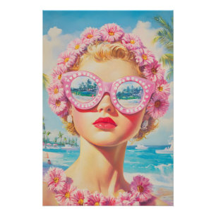 Poster Retro Beach Girl avec lunettes de soleil florales