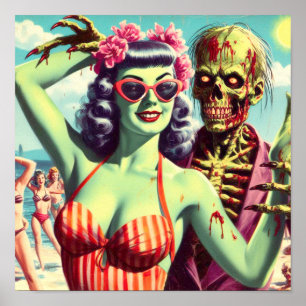 Poster Retro Beach Zombie Pin Up