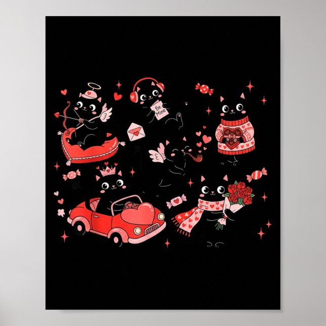 Poster Retro Black Cat Heart Valentines Day Cute Kitten L (Devant)