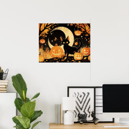 Poster Retro Black Cat with Jack-o’-Lanterns
