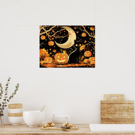 Poster Retro Black Cat with Jack-o’-Lanterns