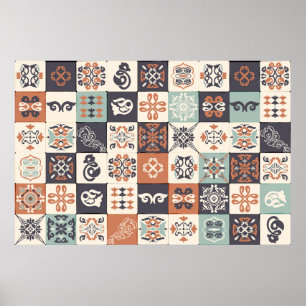 Poster Retro Blue, white and orange Azulejos Pattern Lisb