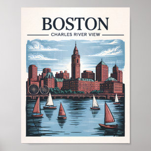 Poster Retro Boston Sailboat Massachusetts Skyline Travel