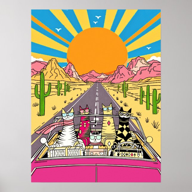 Poster Retro Cats on Vacation Take a Road Trip (Devant)