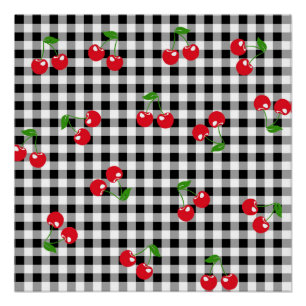 Poster Retro Chic Cute Rouge Cerisier Noir Blanc En vichy