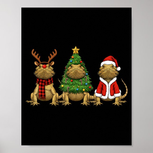 Poster Retro Christmas Bearded Dragon Santa Reindeer  (Devant)