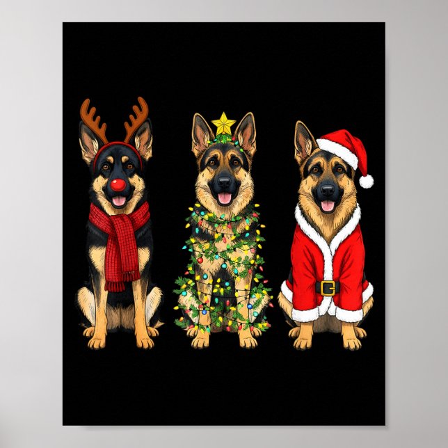 Poster Retro Christmas German Shepherd Santa Reindeer Gsd (Devant)