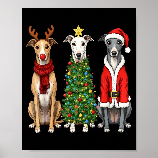 Poster Retro Christmas Ghound Santa Reindeer Dog Lover  (Devant)