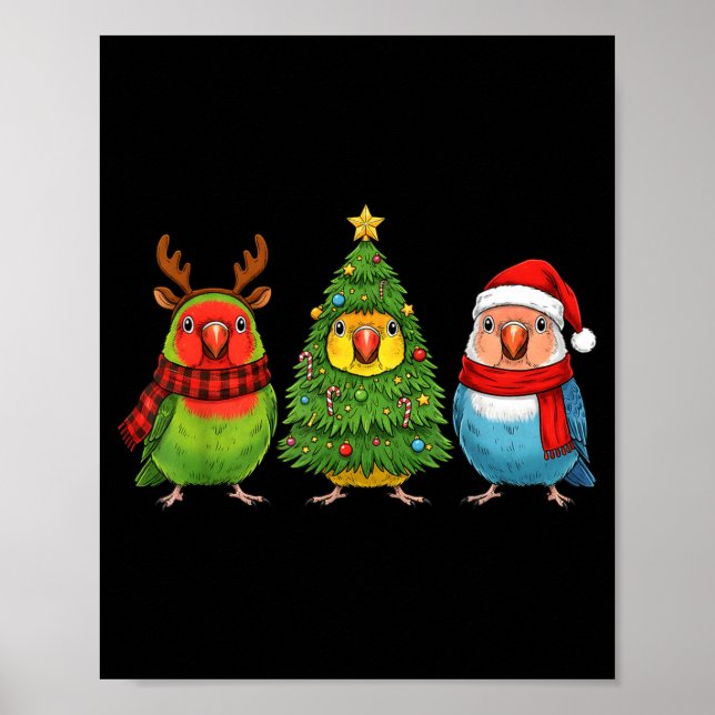 Poster Retro Christmas Lovebird Parrot Santa Reindeer  (Devant)