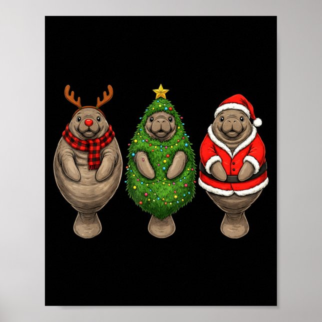 Poster Retro Christmas Manatee Santa Reindeer  (Devant)
