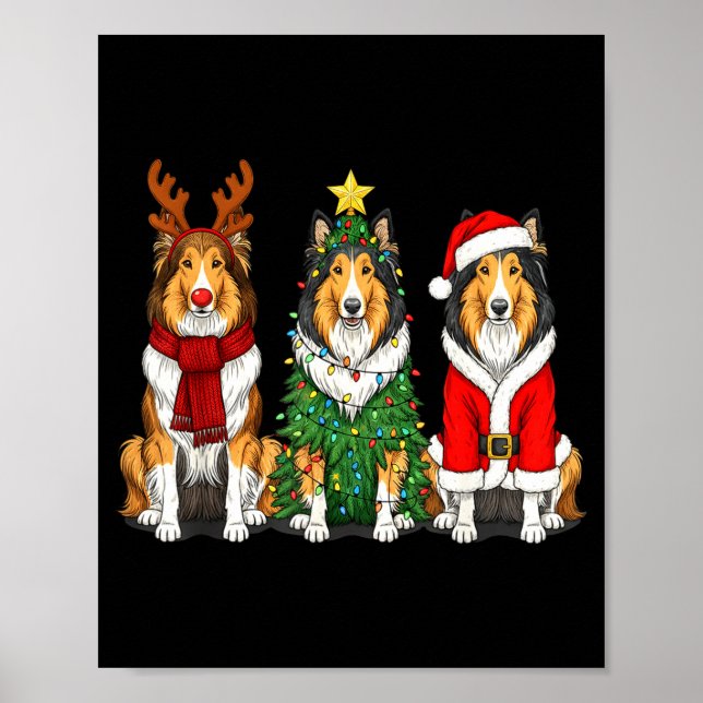 Poster Retro Christmas Rough Collie Santa Reindeer Dog Lo (Devant)
