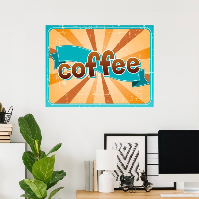 Poster Retro Coffee Typography Teal Brown Sunburst (Créateur téléchargé)