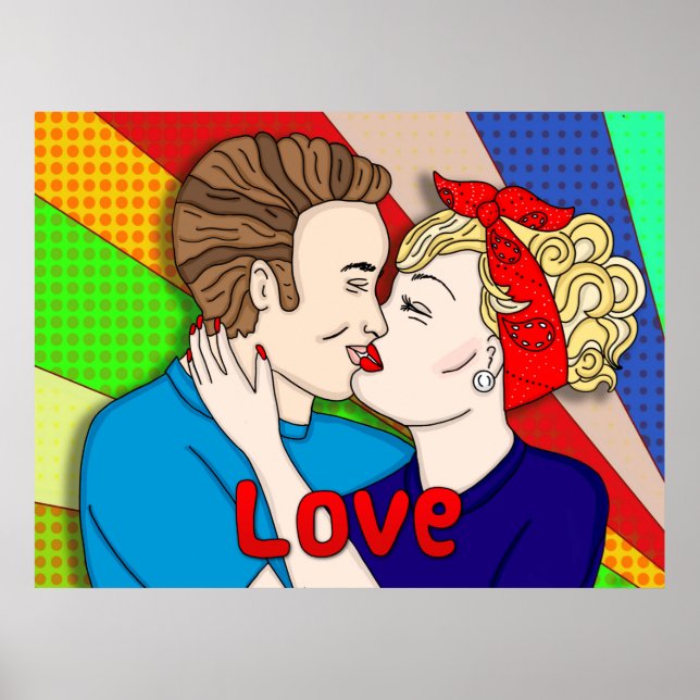 Poster Retro Couple Kissing, 1950's Pop Art (Devant)