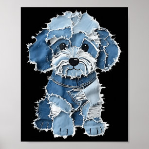 Poster Retro Denim Chien Patch, Funny Shabby Blue Jean Pu