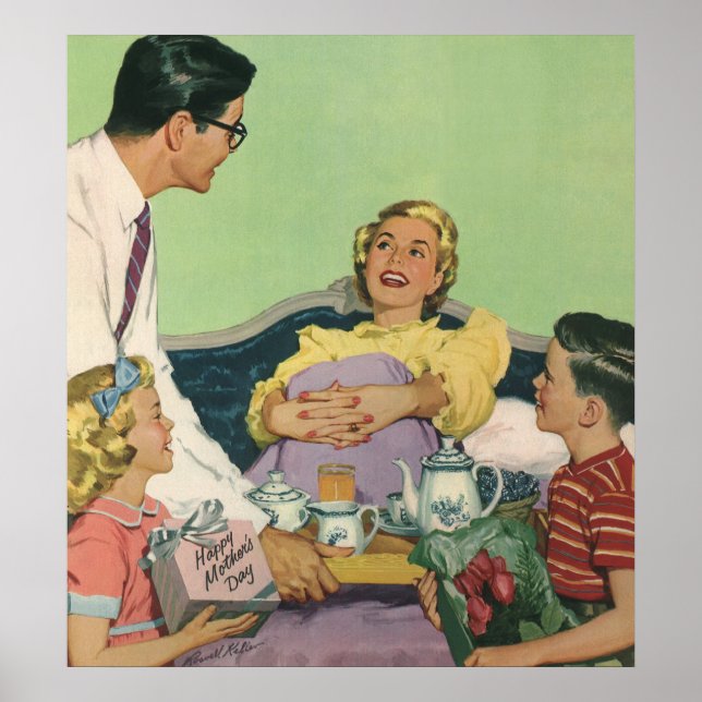 Poster Retro Family Sert Maman Petit déjeuner en Bed (Devant)