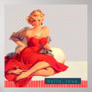 Poster Rétro femme dans le style rouge de cru de Pin- de