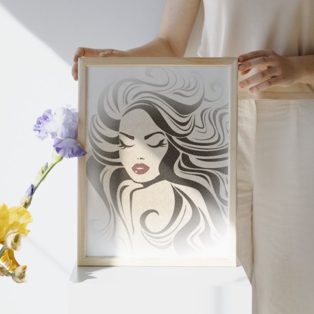 Poster Retro fille avec cheveux ondulés Hairstyling marqu (Créateur téléchargé)