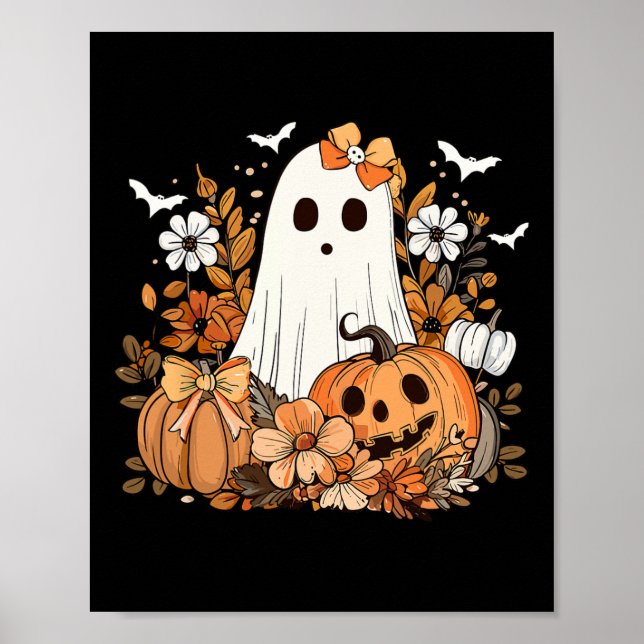 Poster Retro Floral Ghost mignon Citrouille Automne Hallo (Devant)