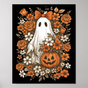 Poster Retro Floral Ghost mignon Citrouille Automne Hallo