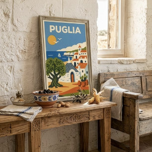 Poster Retro Folk Pouilles Italie Oliviers Trullo Voyage