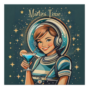 Poster Rétro Futuriste Astro Fille Martini Time