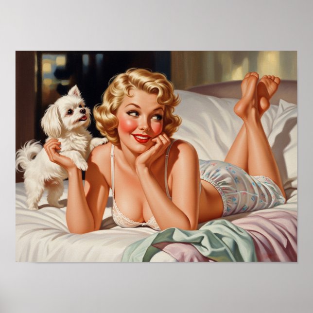 Poster Retro Girl with Maltese Dog 50's Pin-up Art (Devant)