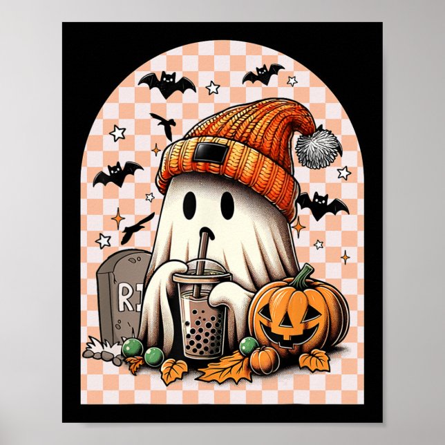 Poster Retro Halloween Cute Ghost Boire Citrouille de caf (Devant)