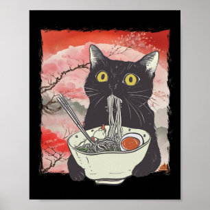 Poster Retro Japonais Chat Manger Ramen nouilles amusante