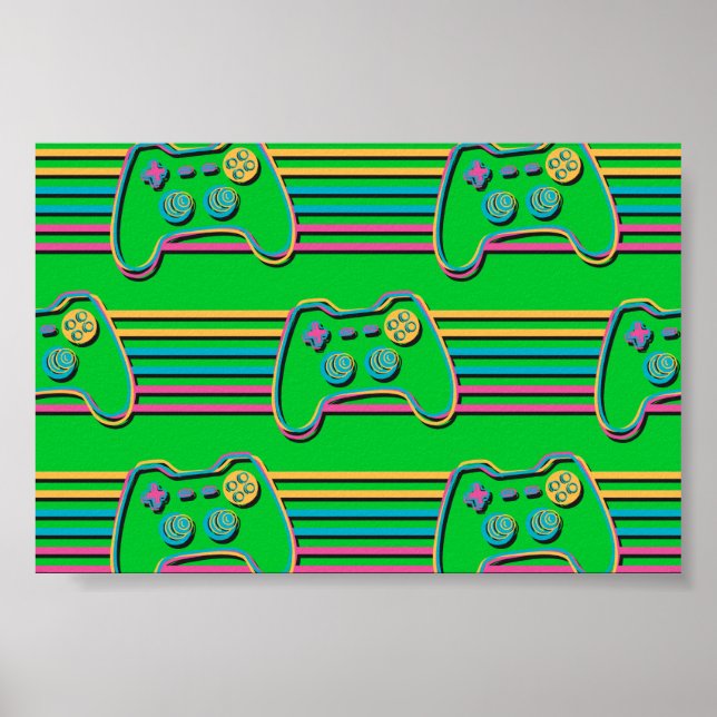 Poster Retro Jeu Geek Gamer 80s couleurs néon (Devant)
