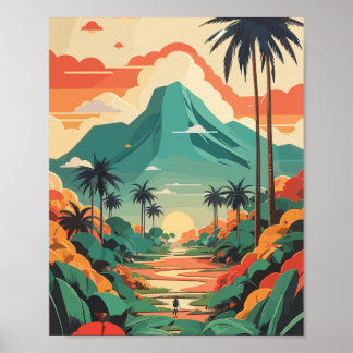 Poster Retro Jungle Illustration Vert Rouge