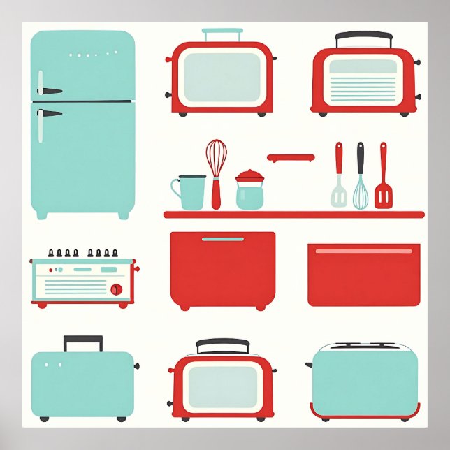 Poster Retro Kitchen Appliances Pattern (Devant)