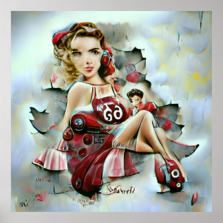 Poster Retro les années 50 inspiré AI Généré pin-up fille
