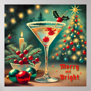 Poster Retro les années 50 Merry Bright Christmas Cocktai