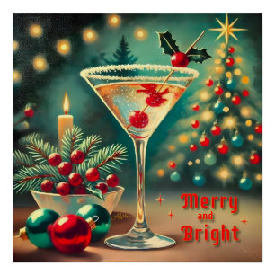 Poster Retro les années 50 Merry Bright Christmas Cocktai